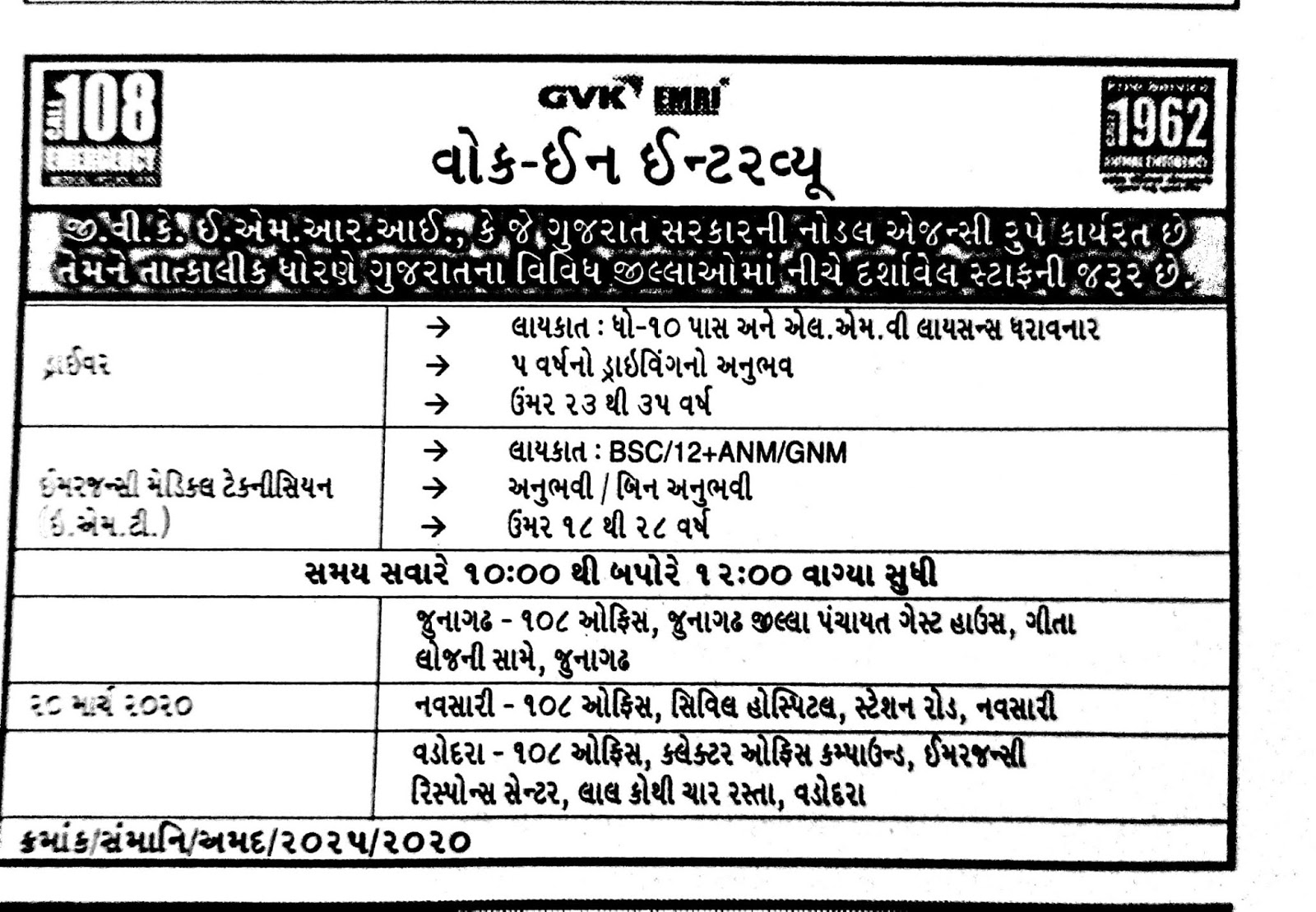 GVK EMRI Recruitment For Driver & EMT Posts 2020