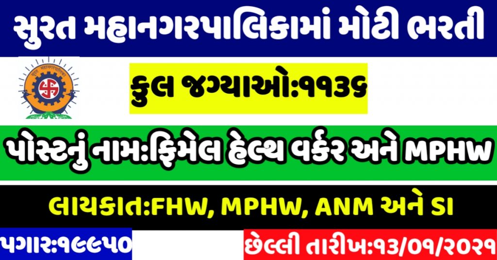 Surat Municipal Corporation(SMC) FHW & MPHW 1136 Posts Recruitment 2021